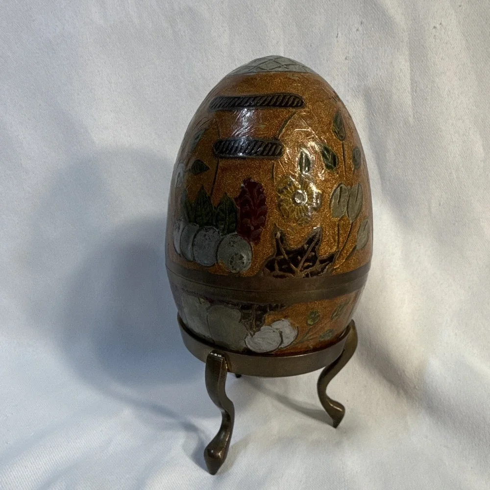 Vintage Brass Cloisonne Enamel Egg Trinket Box with 3-Footed Stand